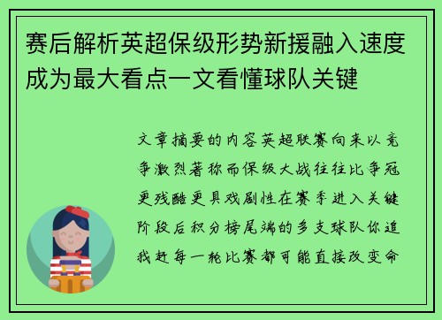 赛后解析英超保级形势新援融入速度成为最大看点一文看懂球队关键 赛后解析英超保级形势新援融入速度成为最大看点一文看懂球队关键